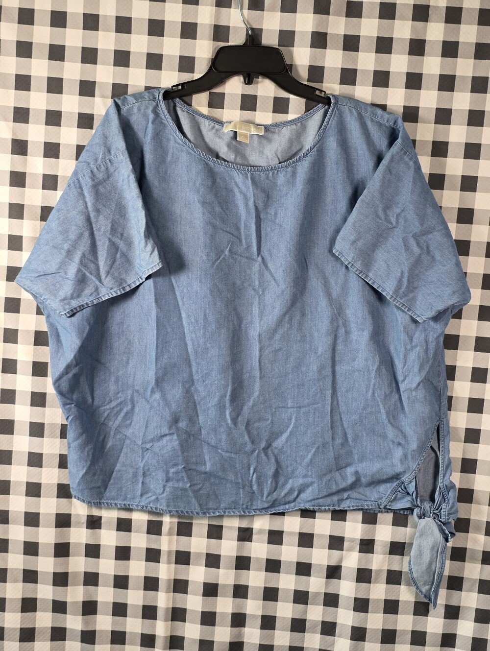 Michael Kors Chambray Blue Top XL Cotton Lyocell Short Sleeve Tie Waist Coastal